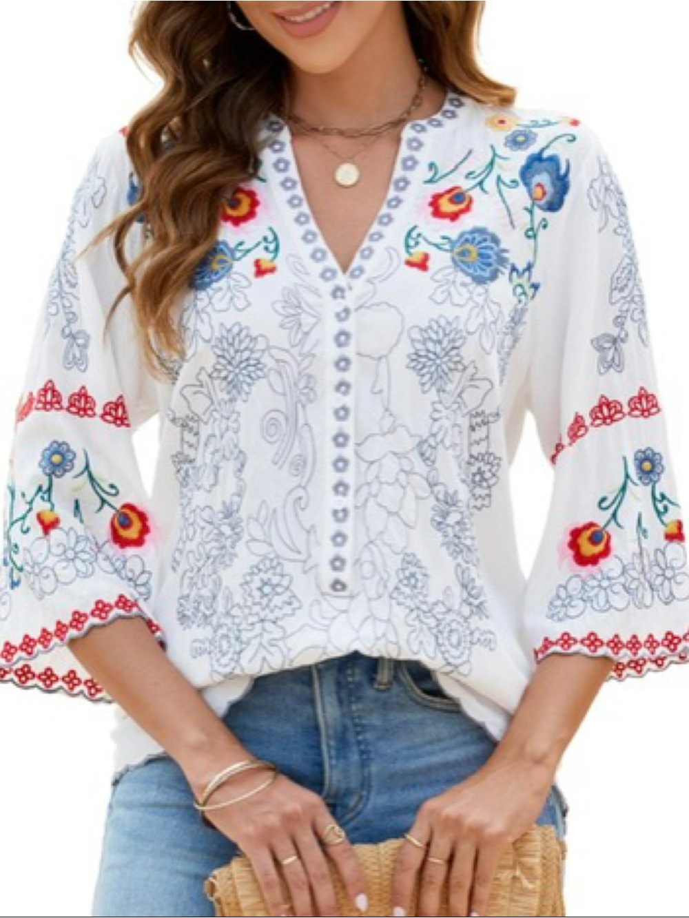 St. Lareina Embroidered V-Neck Peasant Blouse